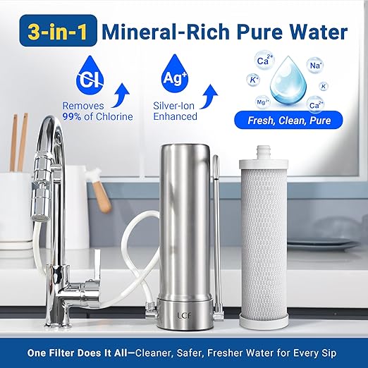 LCF Upgrade Countertop Water Filter, 𝐒𝐢𝐥𝐯𝐞𝐫 𝐈𝐨𝐧𝐬 Enhanced 6-Stage Stainless Steel Water Filter for Sink Faucet, Reduces Heavy Metals, Bad Taste & 99% Chlorine, 16,000 Gallons(2 Filters)
