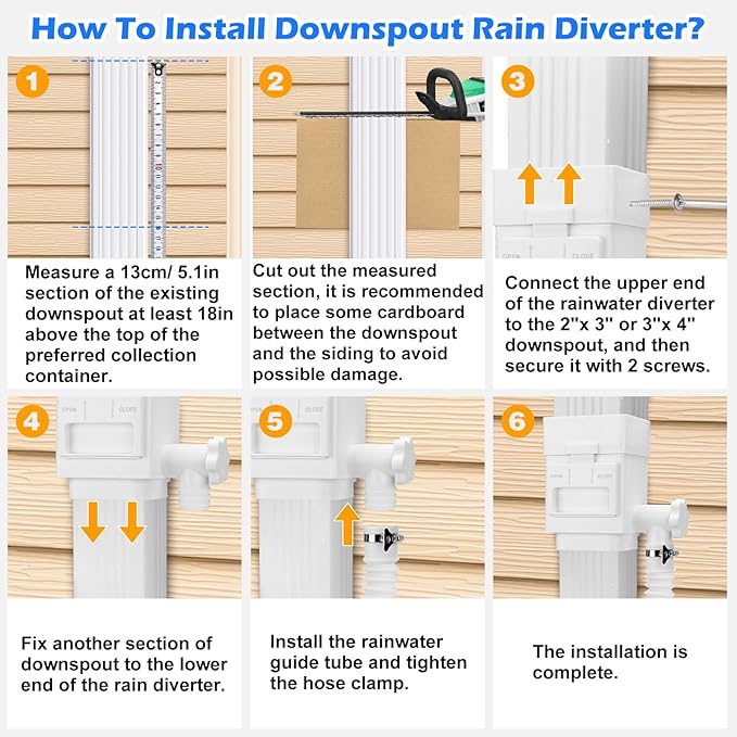 WADEO Rainwater Collection System, Rain Barrel Diverter Kit Fits for 2"x 3" or 3"x 4" Residential Downspouts, Downspout Diverter with Adjustable Valve and Filter, 5FT Hose, White