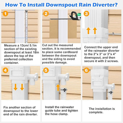 WADEO Rainwater Collection System, Rain Barrel Diverter Kit Fits for 2"x 3" or 3"x 4" Residential Downspouts, Downspout Diverter with Adjustable Valve and Filter, 5FT Hose, White
