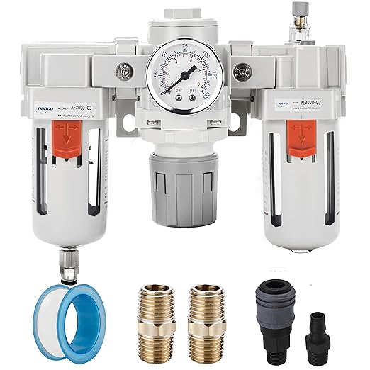 NANPU 3/8" NPT Air Filter, Regulator & Lubricator (FRL) Combo - Water/Oil Trap Separator - Pressure Gauge(0-150 psi), 5 Micron Brass Element, Semi-Auto Drain, Poly Bowl, Metal Bracket