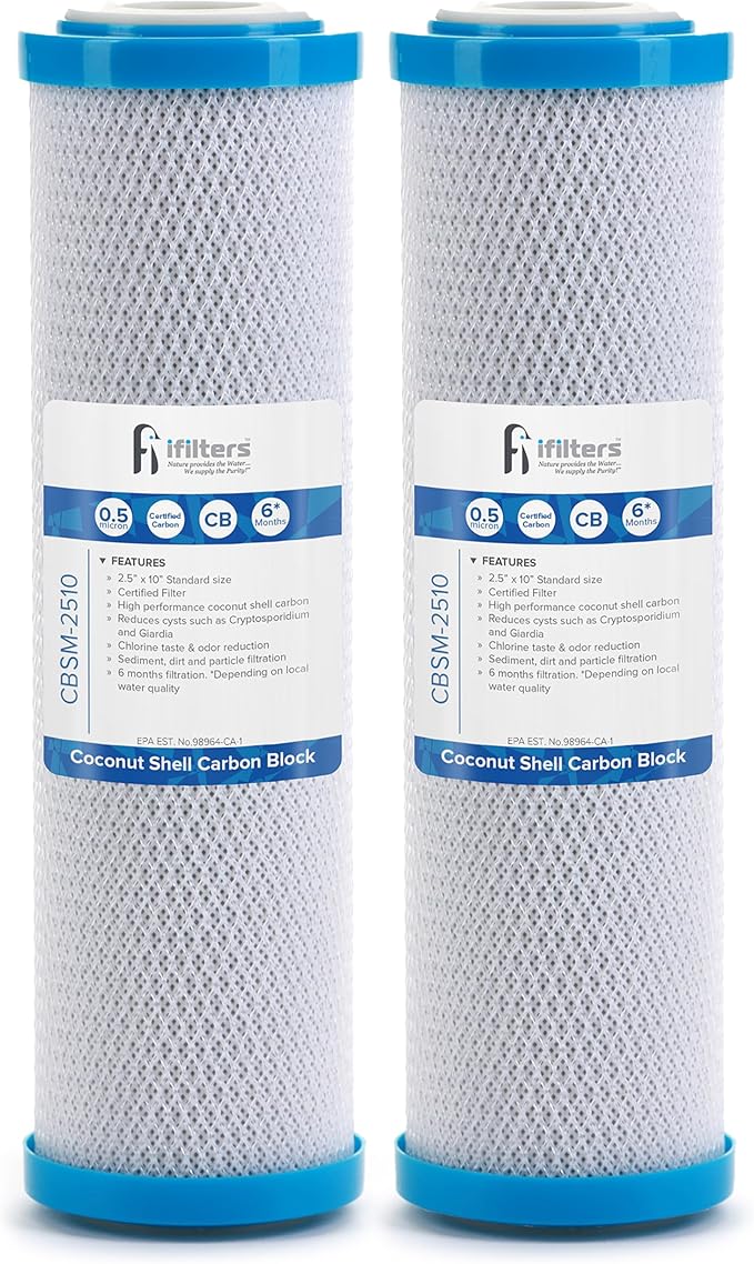 iFilters 0.5-Micron Carbon Block Water Filter – Coconut Shell CTO Drinking Water Filter Cartridge – 10-inch Replacement for Filtration Systems – Reduces Odors, Chlorine Taste – 2.5" x 10" (2 Pack)