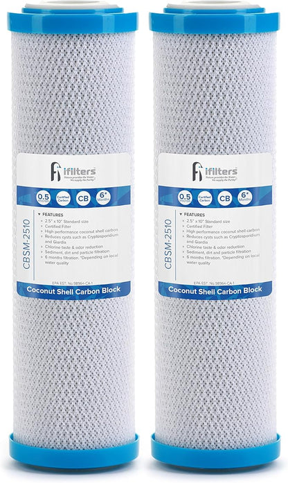 iFilters 0.5-Micron Carbon Block Water Filter – Coconut Shell CTO Drinking Water Filter Cartridge – 10-inch Replacement for Filtration Systems – Reduces Odors, Chlorine Taste – 2.5" x 10" (2 Pack)