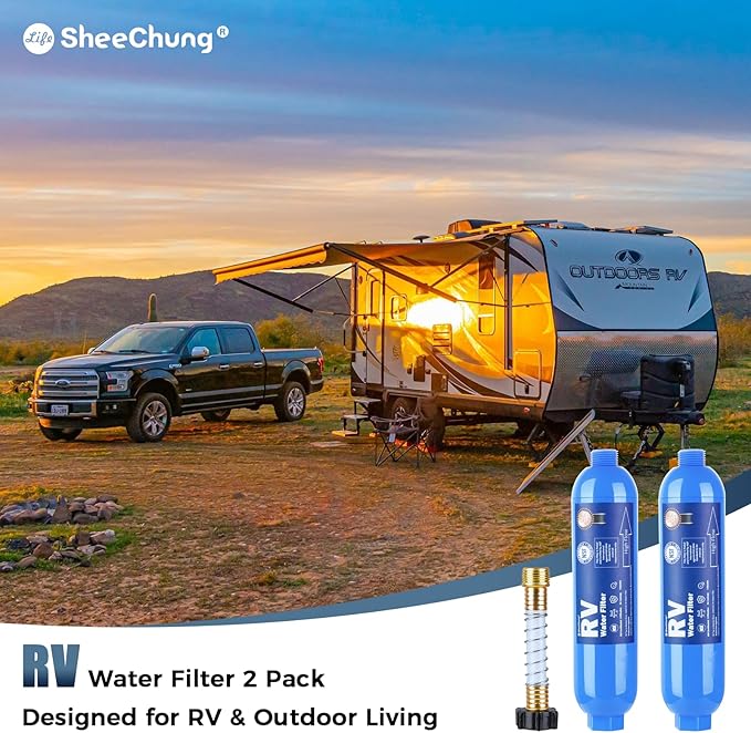 SheeChung RV Water Filter 2Pack with Flexible Hose Protector, NSF Certified, Inline Hose Water Filter for RV, Boat, Campsite – Reduces Odors, Bad Taste, Chlorine, Rust