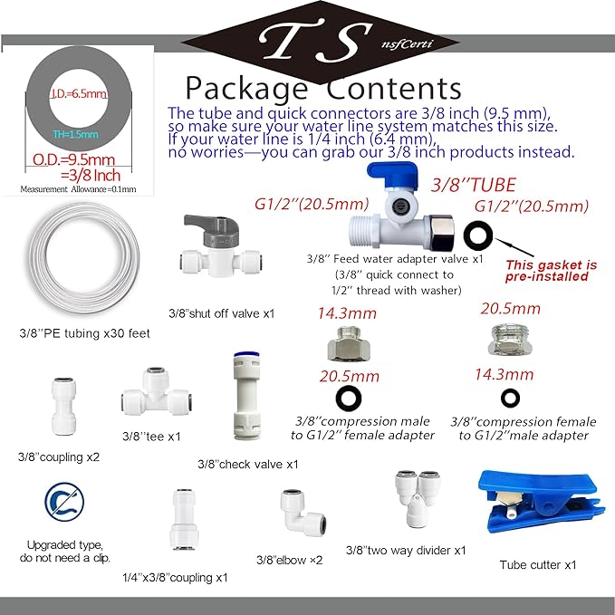NSF 3/8" inch Water Line Tubing and Push to Connect Fittings for Reverse Osmosis Water Filter RO fittings (Feed water adapter Kits), 11 pcs connetors+30 feet 3/8" O.D. (9.5mm) water tubing.