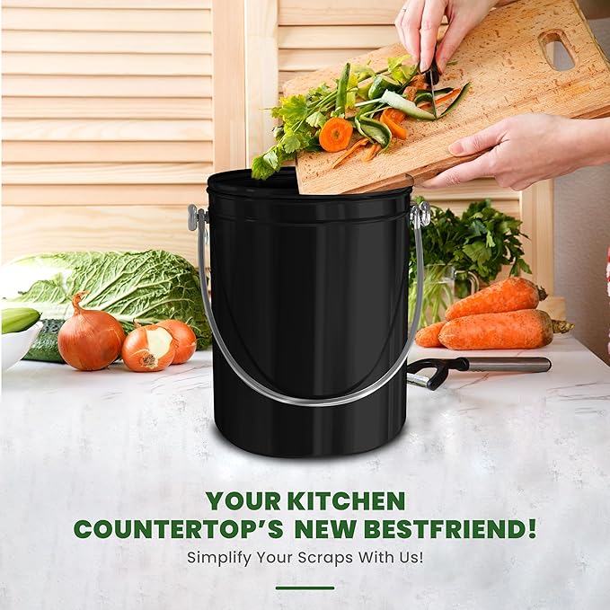 Utopia Kitchen Compost Bin for Kitchen Countertop, 1.3 Gallon Compost Bucket for Kitchen with Lid, Includes 1 Spare Charcoal Filter (Black)