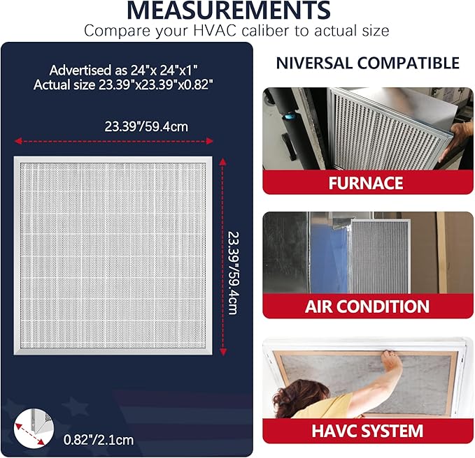 24x24x1 Electrostatic Air Filter, Washable & Reusable Aluminum AC/HVAC Furnace Filter, MERV 8 Permanent Air Filter, Lasts a Lifetime, Increases Airflow（Actual Size:23.39"x23.39"x0.82"）
