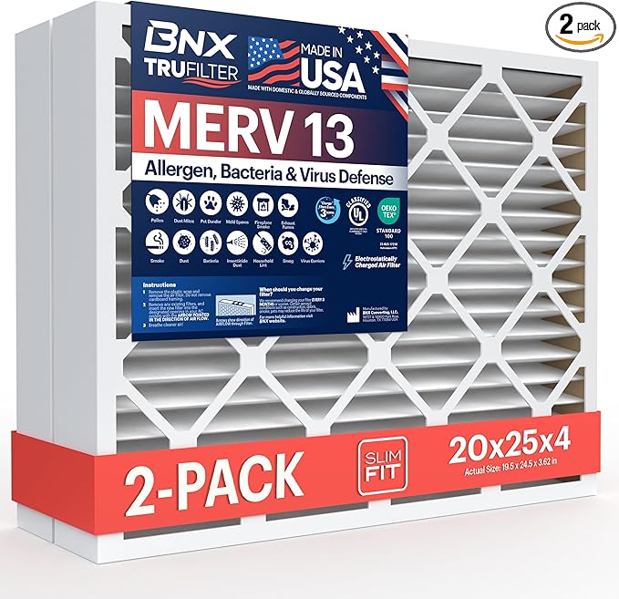 BNX TruFilter 20x25x4 (19.5’’ x 24.5’’ x 3.63‘’ Slim Fit) MERV 13 Air Filter (2-Pack) - MADE IN USA - Air Conditioner HVAC AC Furnace Filters Health, Allergies, Mold, Bacteria, Smoke, MPR 1900 FPR 10