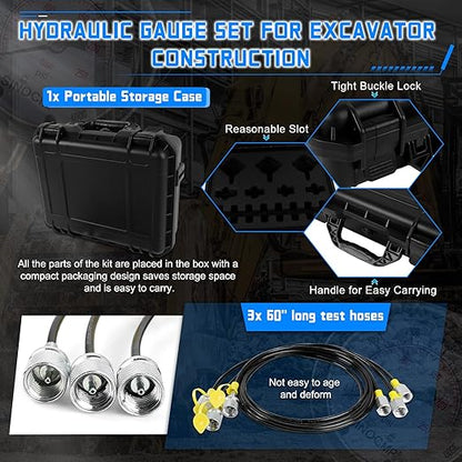 SINOCMP Hydraulic Pressure Test Kit with 3 Gauges(25/40/60Mpa), 12 Test Couplings, 3 Test Hoses(64in) Diagnosis Tester Gauge Kit Set for Excavator Construction Machinery