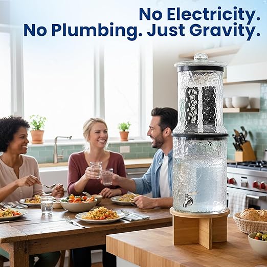 The Water Machine All Glass Purifier - Gravity Fed Water Filtration System with Activated Carbon Filters, Off Grid Emergency & Home Survival Portable Countertop Filter with Wooden Stand - 3 Gallon