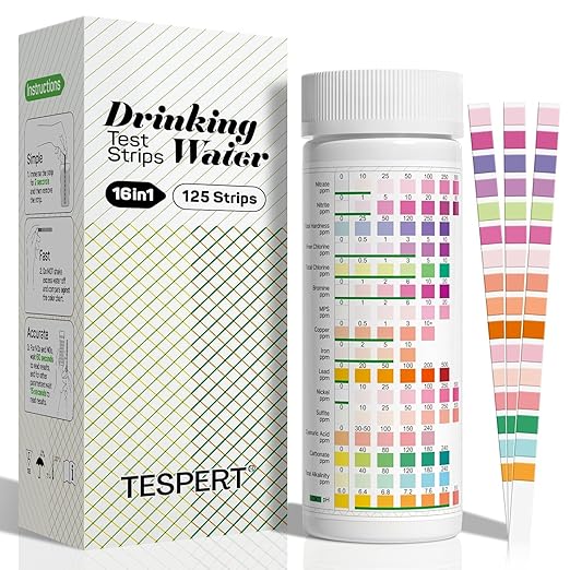 TESPERT Drinking Water Test Strips 125ct 16 in 1 – 30s Quick Screening for Hardness, pH, Iron, Nitrite, Copper, Chlorine, Nitrite, Carbonate,Lead, Alkalinity...Well, Tap, Home, City Water Testing