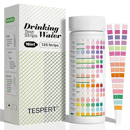 TESPERT Drinking Water Test Strips 125ct 16 in 1 – 30s Quick Screening for Hardness, pH, Iron, Nitrite, Copper, Chlorine, Nitrite, Carbonate,Lead, Alkalinity...Well, Tap, Home, City Water Testing