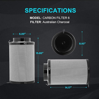 iPower 6 Inch Air Carbon Filter Odor Control with Premium Australia Virgin Charcoal for Inline Fan, Indoor Grow Tent, Hydroponics, Reversible Flange, Prefilter Included, Black