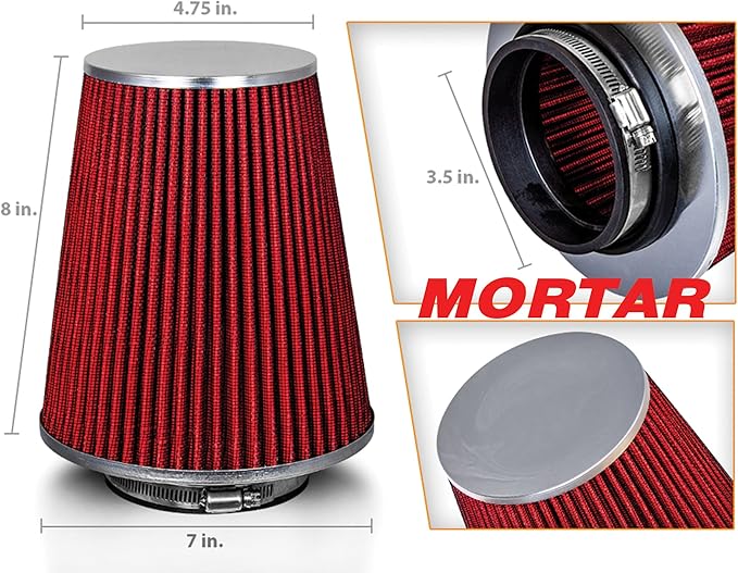 Mortar Aftermarket Auto Air Filter - Car Enthusiast Class Universal Cold Air Intake Gulps in More Air for More Engine Power & Passionate Induction Sound, 8-In-Long, Flange ID 3.5 In, Red