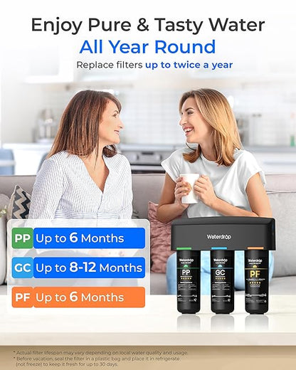 Waterdrop TSB-PF Under Sink Water Filter, 𝐑𝐞𝐝𝐮𝐜𝐞𝐬 𝟖𝟎+ 𝐈𝐦𝐩𝐮𝐫𝐢𝐭𝐢𝐞𝐬-PFAS, Chlorine, Chloramine, Fluoride, Taste&Odor, 9 Layer Under Sink Water Filtration System,with A Separate Faucet