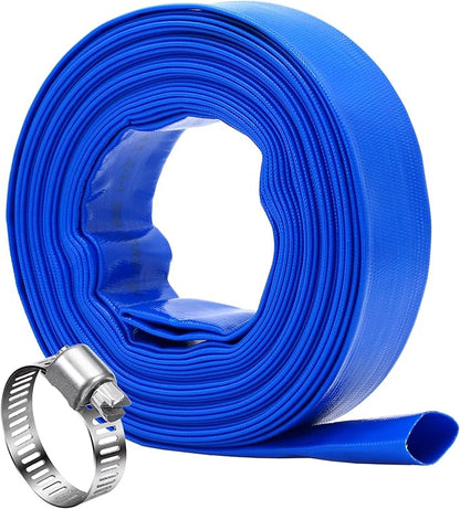 DAVCO 1.5" x 100 ft Pool Backwash Hose, Heavy Duty Reinforced Blue PVC Lay Flat Water Discharge Pump Hoses For Swimming Drain Pools and Clean Filters,with 1 Clamp
