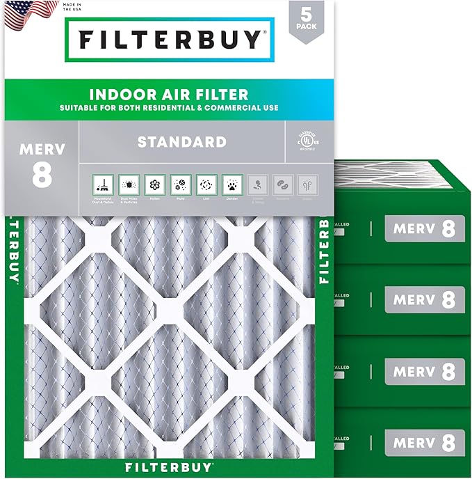 Filterbuy 21.5x23.25x4 Air Filter MERV 8 Essential Dust & Allergy Defense (5-Pack), Electrostatic Pleated HVAC AC Furnace Filters Replacement, Made in USA (Actual Size: 21.50 x 23.25 x 3.63)