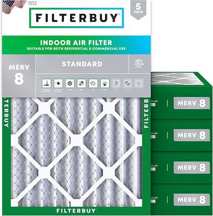 Filterbuy 21.5x23.25x4 Air Filter MERV 8 Essential Dust & Allergy Defense (5-Pack), Electrostatic Pleated HVAC AC Furnace Filters Replacement, Made in USA (Actual Size: 21.50 x 23.25 x 3.63)