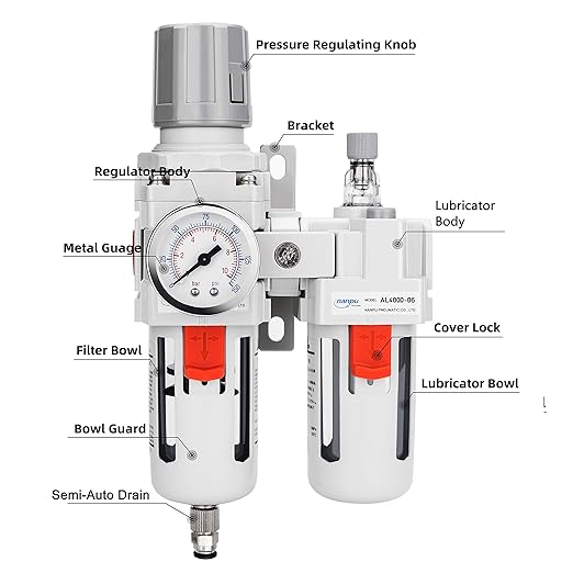 NANPU 3/4" NPT Compressed Air Filter Regulator Lubricator Combo (FRL) Water/Oil Trap Separator - Gauge(0-150 psi), 5 Micron Brass Element,Poly Bowl, Semi-Auto Drain, Metal Bracket
