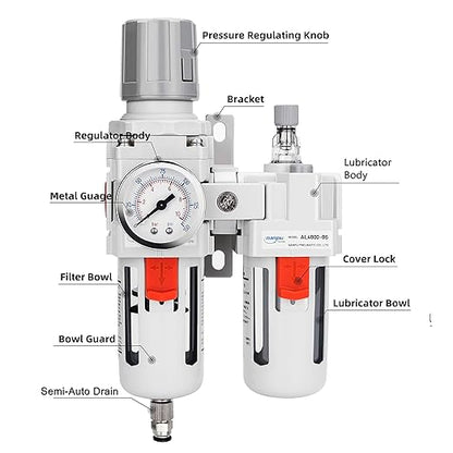 NANPU 3/4" NPT Compressed Air Filter Regulator Lubricator Combo (FRL) Water/Oil Trap Separator - Gauge(0-150 psi), 5 Micron Brass Element,Poly Bowl, Semi-Auto Drain, Metal Bracket
