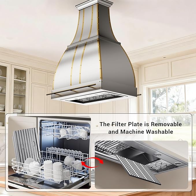 CHETTO C Stainless Steel Range Hood Cover with Quiet Vent Hood Insert Custom Handcrafted Metal Kitchen Fan with Towel Rack LED Light 30"W x27"D x30"H Brushed Stainless Steel Island Mount