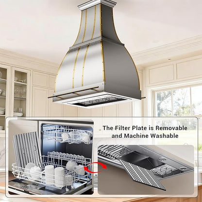 CHETTO C Stainless Steel Range Hood Cover with Quiet Vent Hood Insert Custom Handcrafted Metal Kitchen Fan with Towel Rack LED Light 30"W x27"D x30"H Brushed Stainless Steel Island Mount