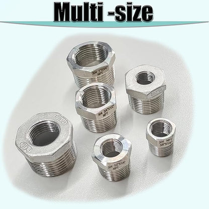 1/2" NPT Male to 3/8" NPT Female Hex Bushing Reducer, 304 Stainless Steel NPT Reducing Adapter Pipe Fitting, Heavy Duty Pipe Hex Bushing for Reducing Pipe (1/2” MNPT x 3/8” FNPT)