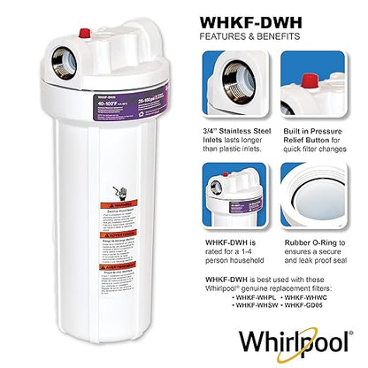 Whirlpool 10" x 2.5" Whole House Water Filter Housing, WHKF-DWH, Stainless Steel 3/4" Inlets, NSF Certified, Filter Not Included, Replacement Filter GD05, WHWC, WHSW, WHPL