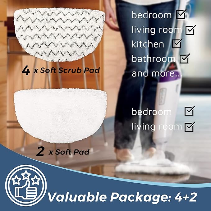Flammi 4 Scrub+2 Soft Steam Mop Replacement Pad & 6 Scent Discs for Bissell Powerfresh Steam Mop 1940 1806 1440 1544 Series, Model 2685A 2075A 19402 19404 19408 1940A 1940Q 1940T 1940W, Part# 5938