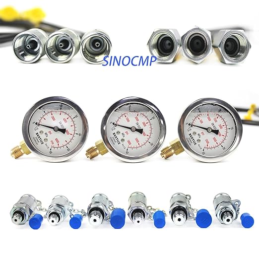SINOCMP Hydraulic Pressure Test Coupling Kit with 3 Pressure Gauge, 3 Hoses and 6 Couplings, Hydraulic Gauge Set for Excavator Construction Machinery