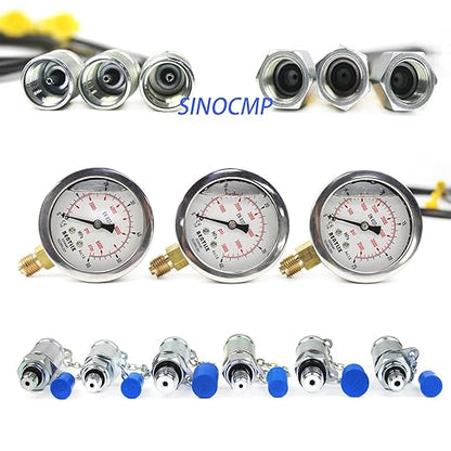 SINOCMP Hydraulic Pressure Test Coupling Kit with 3 Pressure Gauge, 3 Hoses and 6 Couplings, Hydraulic Gauge Set for Excavator Construction Machinery