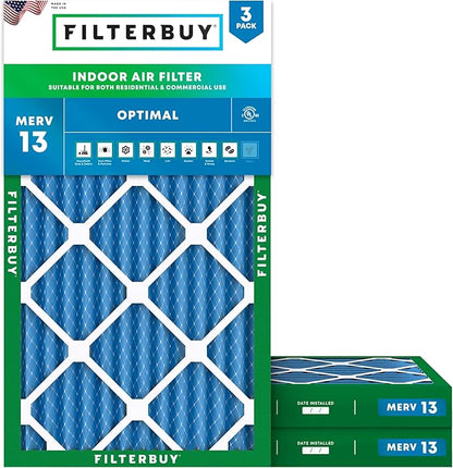 Filterbuy 14x30x2 Air Filter MERV 13 Optimal Smoke & Allergy Defense (3-Pack), Electrostatic Pleated HVAC AC Furnace Filters Replacement, Made in USA (Actual Size: 13.50 x 29.50 x 1.75)