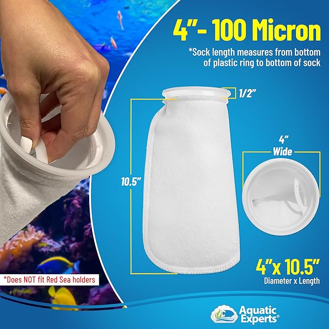 Aquatic Experts 4 inch Ring 100 Micron Felt Filter Sock - Filter Socks for Saltwater Aquarium, Sump Filter Sock, Freshwater Aquarium Socks, Reef Filter Sock (4"x10.5", 2 Pack)