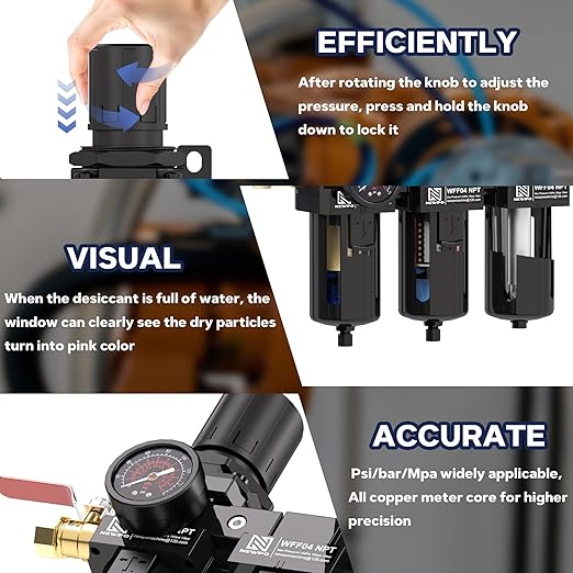 NEWPO 1/2" NPT 3 Stage Air Drying System,Air Dryer for Compressor with 5＆0.01 Micron Filter Cartridge，Desiccant Dryer & Air Regulator, Metal Bowl Semi-Auto Drain
