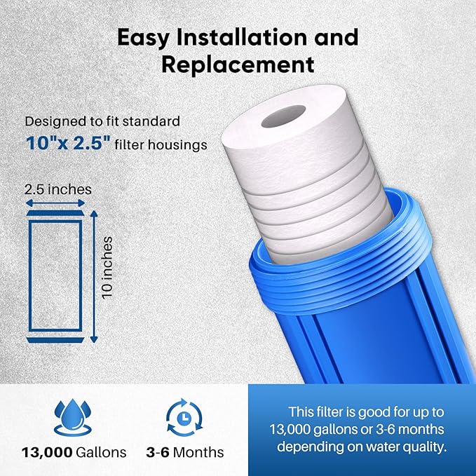 PUREPLUS 5 Micron 10" x 2.5" Whole House Grooved Sediment Home Water Filter, Replacement Cartridge for Any 10 inch RO Unit, AO-WH-PREV-R2, AP110, WHKF-G05, AB-SGR5M, GXWH20S, WFPFC5002, CFS10, 3Pack
