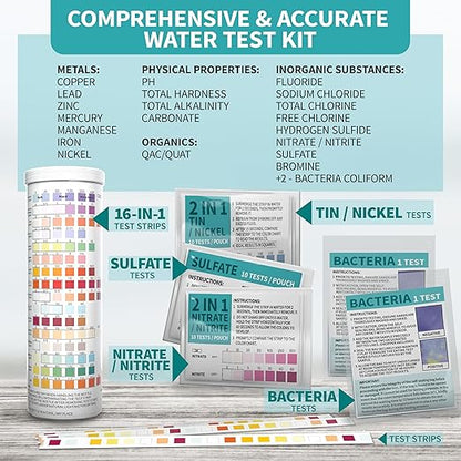 22 in 1 Drinking Water Test Kit 130 Strips - Well, Tap, Home, Swimming Pool, Hot Tub Testing Strip for Flouride, Lead, Hardness, Chlorine, Iron, Copper & More