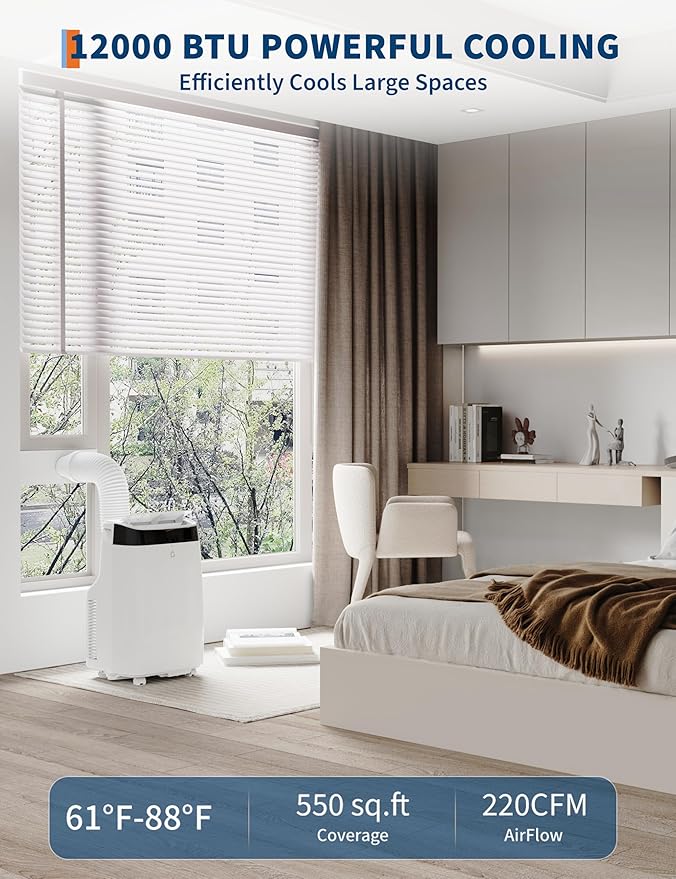 GarveeLife 12,000 BTU Portable Air Conditioners - Smart AC Units Cold Air System Quiet Cooling within 550 sq.ft with Remote Control 24H Timer/Dry/Fan Modes Drain-Free Window Installation Kits