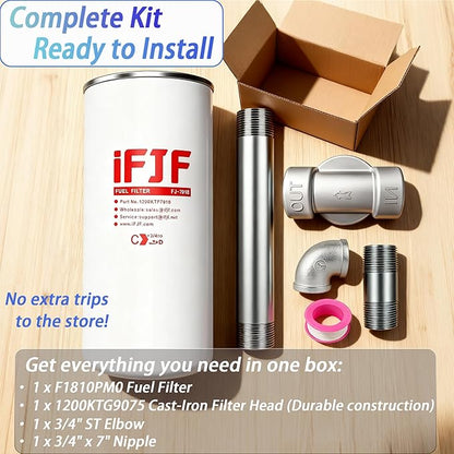 iFJF 1200KTF7018 Fuel Filter Spin-on Particulate Replacement for Transfer Pump FR112 FR1210G FR610G 18 GPM 3/4" with 1200KTG9075 Filter Head and 3/4” ST Elbow and 3/4 x 7” Nipple