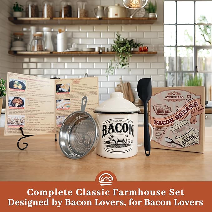 Bacon Grease Container with Strainer - With Food-Grade Silicone Spatula, 24oz Enamel Rustic Farmhouse Fat Container, Keeper, Recipes, Dishwasher Safe