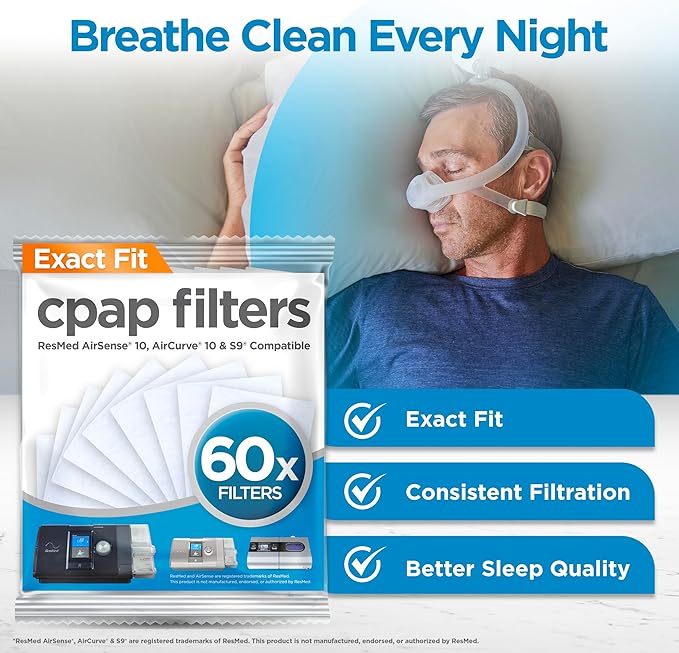 resplabs CPAP Filters for ResMed AirSense 10, AirCurve 10 & S9 Machines - Standard Disposable Filter Replacements - 60 Pack