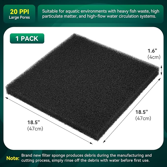 Borlech Aquarium Bio Filter Sponge Pad - Cut-to-Size Aquarium Filter Media for Fish Tank, Pond, Sump - Mechanical & Biological Filtration (18.5"x18.5"x1.6", 20PPI, 1 Pack)