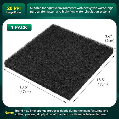 Borlech Aquarium Bio Filter Sponge Pad - Cut-to-Size Aquarium Filter Media for Fish Tank, Pond, Sump - Mechanical & Biological Filtration (18.5"x18.5"x1.6", 20PPI, 1 Pack)