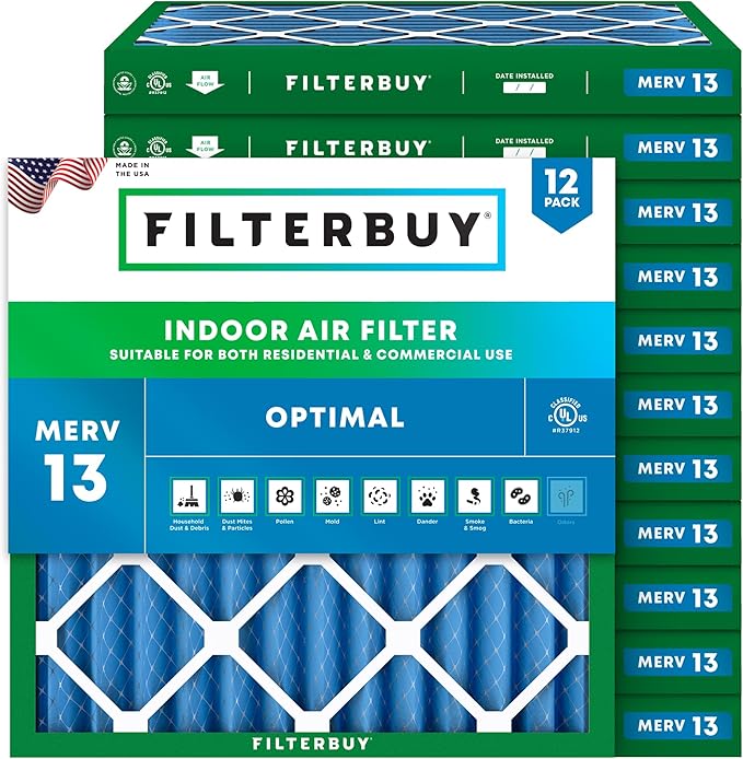 Filterbuy 27x27x2 Air Filter MERV 13 Optimal Smoke & Allergy Defense (12-Pack), Electrostatic Pleated HVAC AC Furnace Filters Replacement, Made in USA (Actual Size: 26.50 x 26.50 x 1.75)