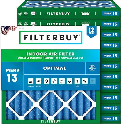 Filterbuy 27x27x2 Air Filter MERV 13 Optimal Smoke & Allergy Defense (12-Pack), Electrostatic Pleated HVAC AC Furnace Filters Replacement, Made in USA (Actual Size: 26.50 x 26.50 x 1.75)