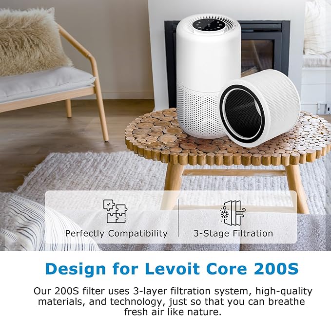 Core 200S-P Replacement Filter Compatible with LEVOIT Core 200S Smart WiFi Air PuriFier, Core 200S-RF Air Filter, White, 3 Pack
