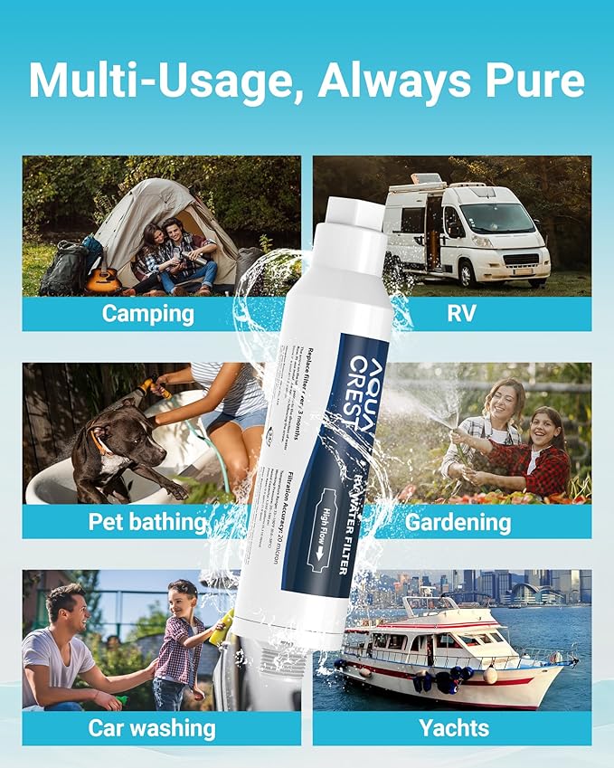 AQUA CREST RV Water Filter, RV Inline Water Filter with NSF Certified, Reduces Chlorine, Bad Taste and Odor, Ideal for Garden and Camper (Filter 4 Pack with Hose Protector)