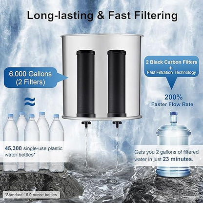 8-Stage Alkaline Gravity Water Filtration System 3.0 Gallon – 304 Stainless Steel Countertop System with 4 Filters and Stand, Increases pH, Reduces 99.9% Chlorine & Heavy Metals
