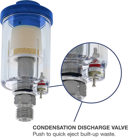 TCP Global Mini In-Line Air Filter (2 Pack) - Water & Oil Separator with Drain Valve - Water Trap, Air Dryer, Removes Moisture, Dirt - Use on Compressor Hose, Pneumatic Tools, Paint Spray Guns