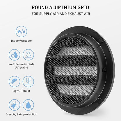 calimaero® WSGB 3" Inch Black Round Metal Air Vent Grill Cover Flat Louver with Fly Screen Fits Only with Metal Ducts