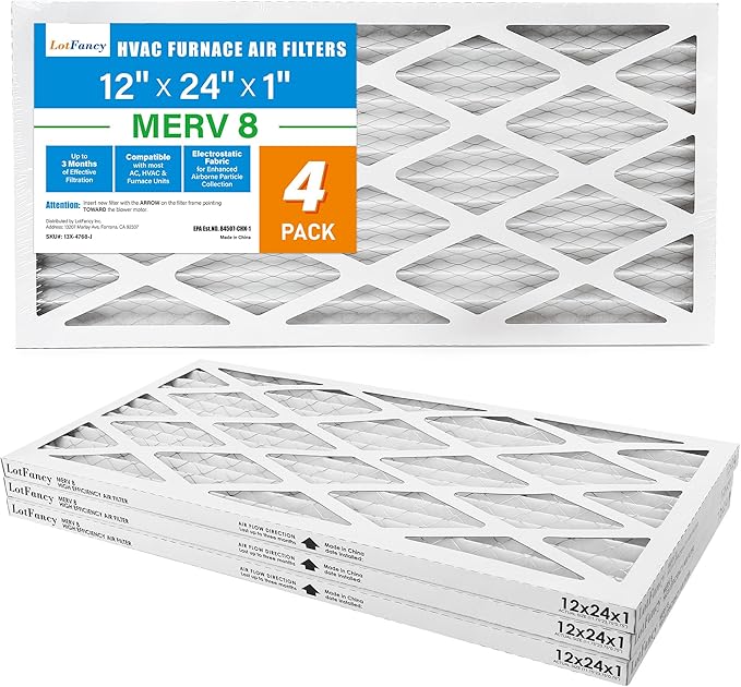 LotFancy 12x24x1 Air Filter MERV 8 4-Pack, Electrostatic Pleated Furnace & AC Filter, Captures Dust, Pet Hair, Pollen, Actual Size: 11.75"x23.75"x0.75"