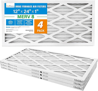 LotFancy 12x24x1 Air Filter MERV 8 4-Pack, Electrostatic Pleated Furnace & AC Filter, Captures Dust, Pet Hair, Pollen, Actual Size: 11.75"x23.75"x0.75"